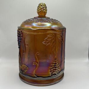 Vintage Indiana Glass Harvest Grape Amber Carnival Glass w Lid Jar Canister